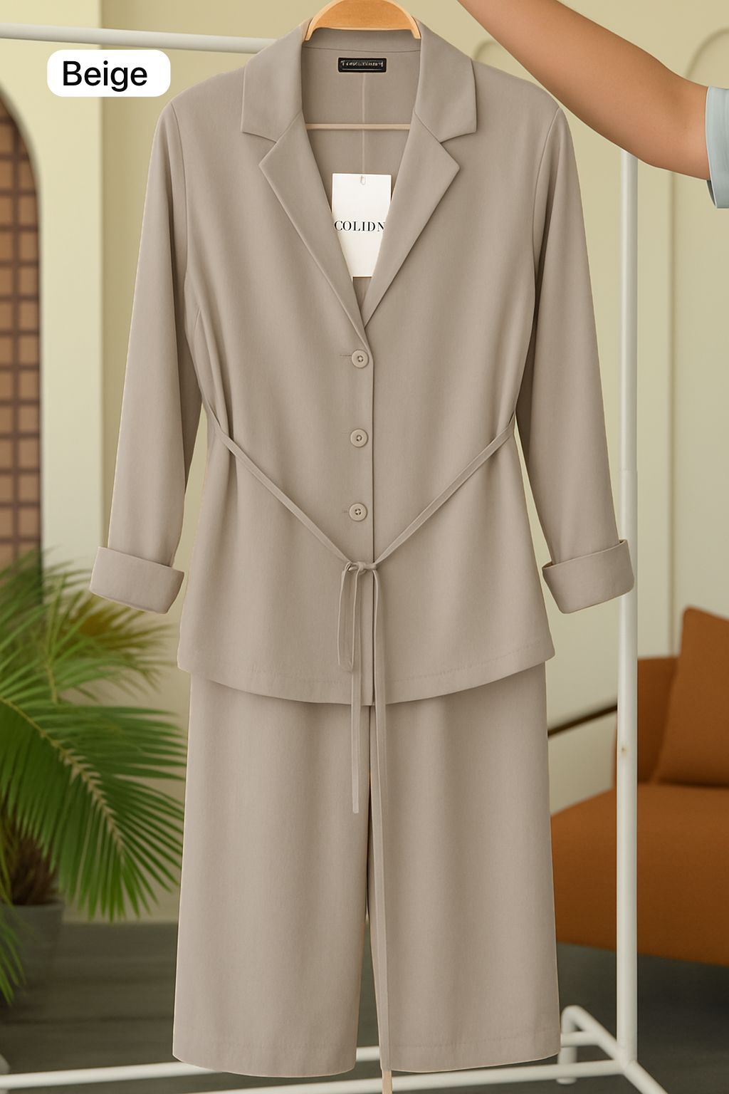 Coat Style Belted Shirt with Trouser