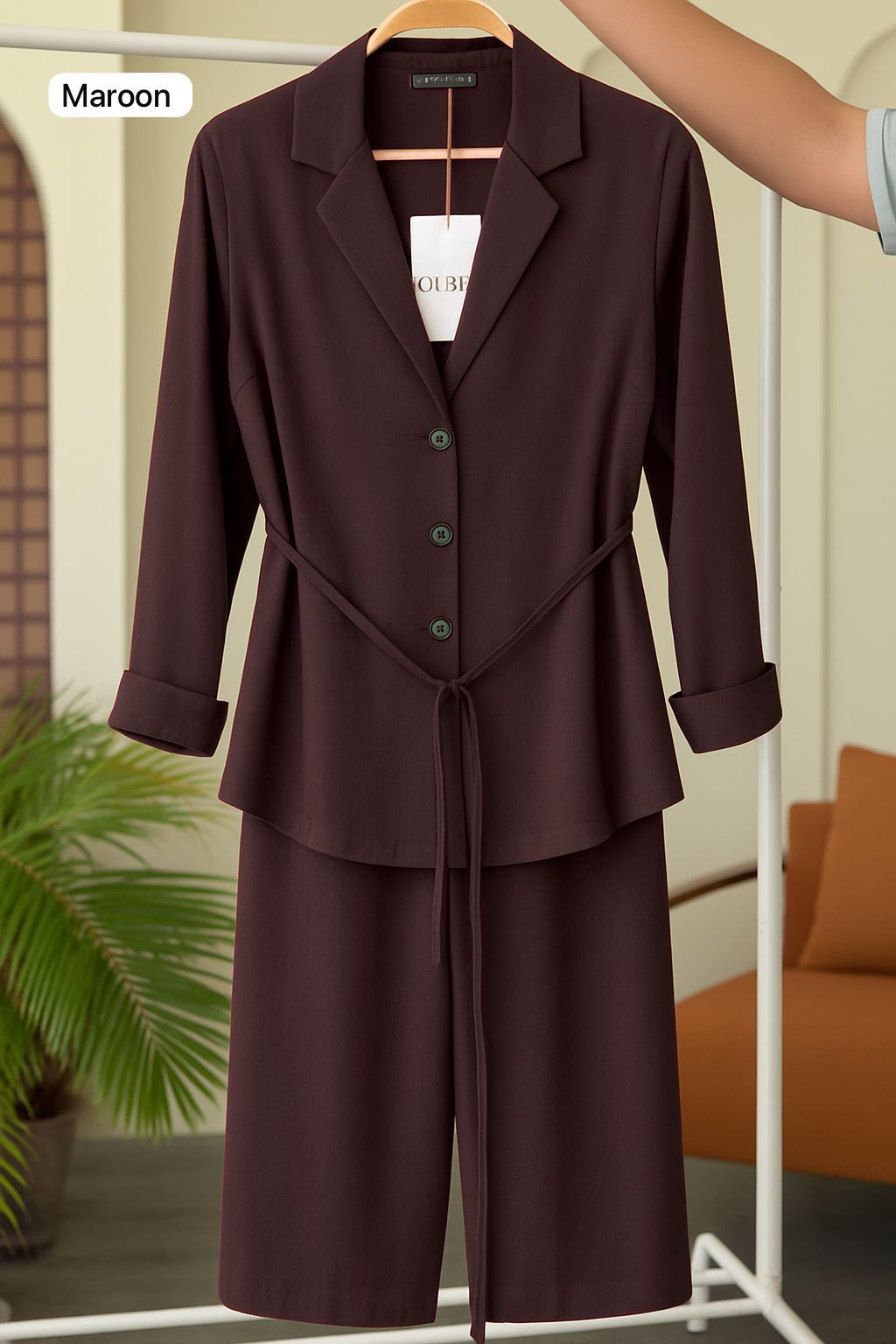 Coat Style Belted Shirt with Trouser