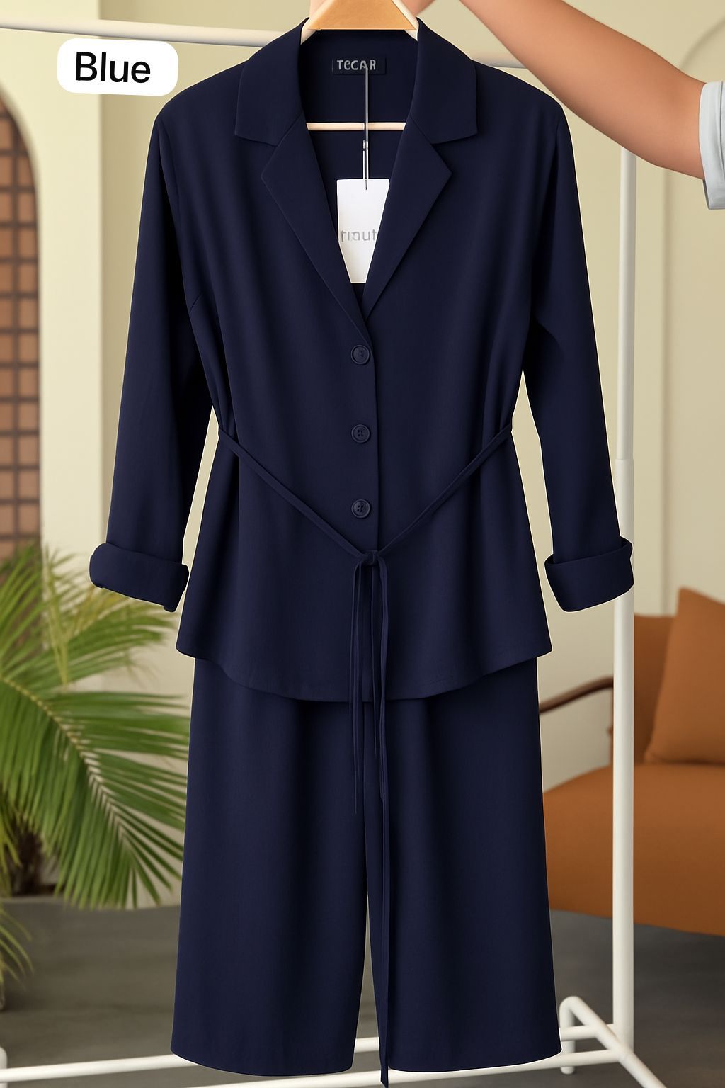 Coat Style Belted Shirt with Trouser