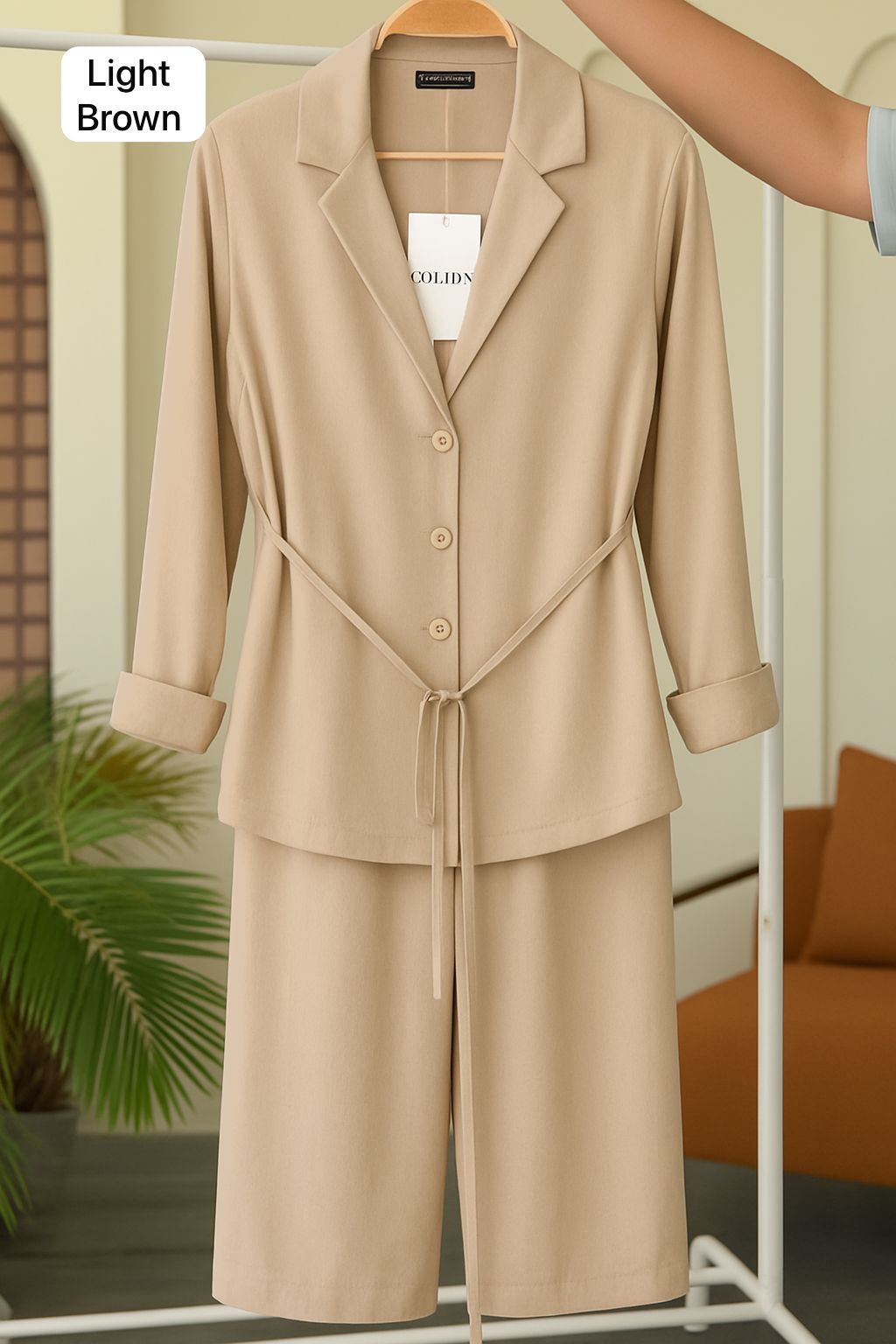 Coat Style Belted Shirt with Trouser