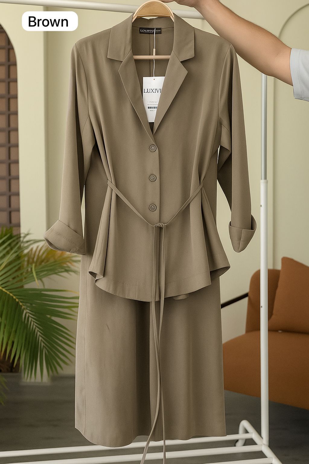Coat Style Belted Shirt with Trouser